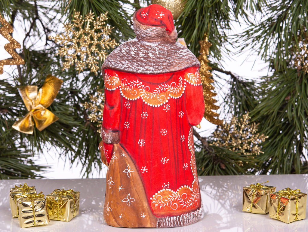 Vintage inspired Russian Santa carving 9.5 inch wooden figure, girl in mittens, Christmas display