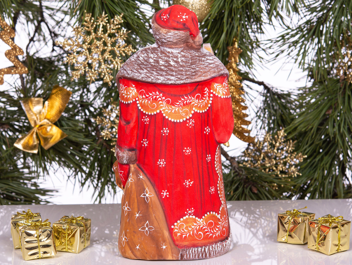 Vintage inspired Russian Santa carving 9.5 inch wooden figure, girl in mittens, Christmas display