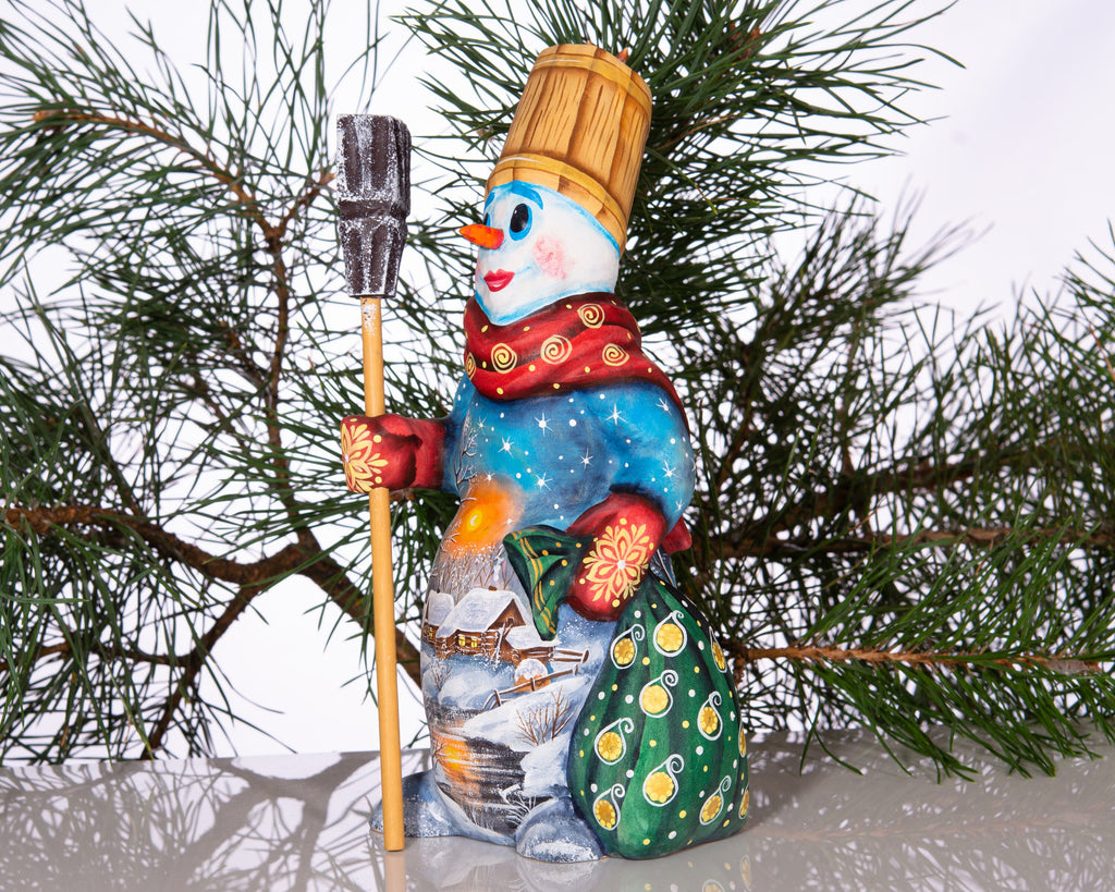 Christmas snowman wood figurine 8 inch, snowy cottage artwork, festive table centerpiece
