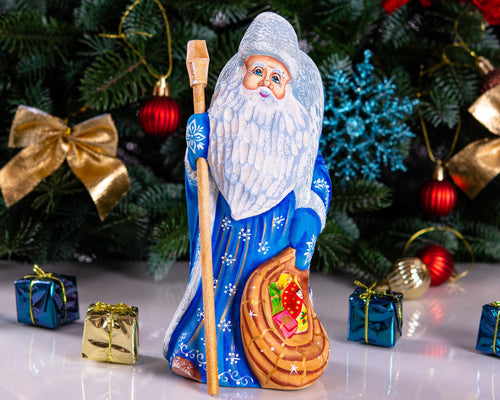Hand carved blue Santa wooden figurine 8 inch, matryoshka toy sack, staff holiday centerpiece