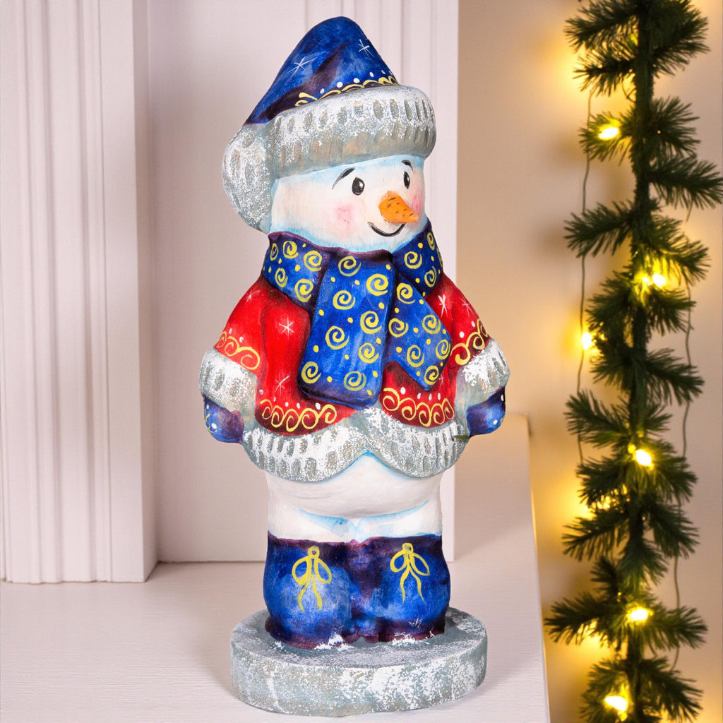 Hand carved wooden snowman figurine 6.3 inch, folk art winter accent, mantel decor
