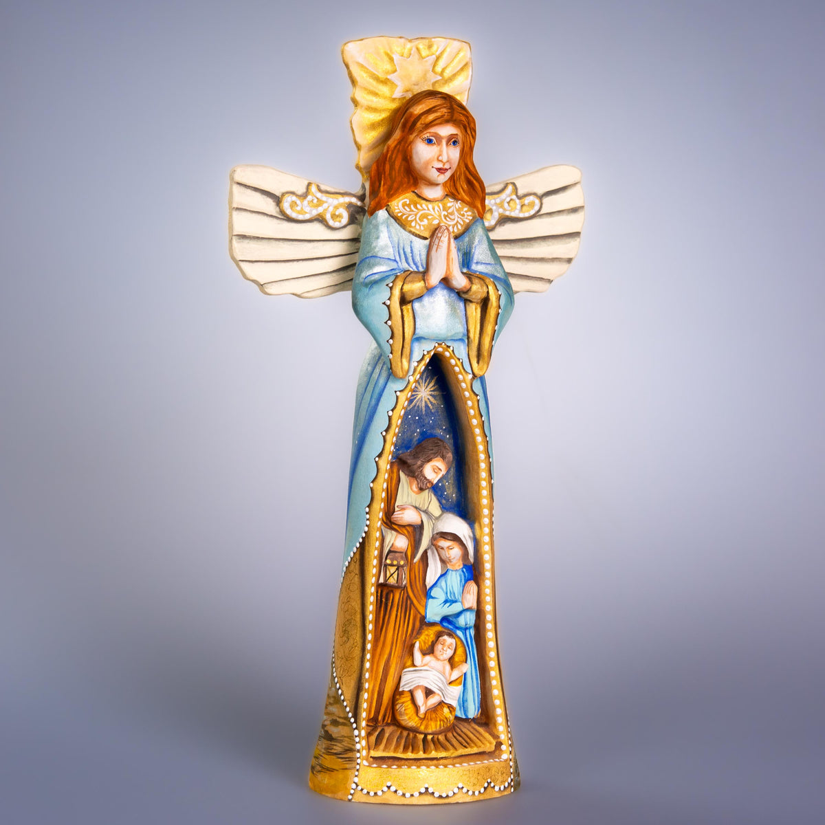 Hand carved wooden angel figurine 13 inch, Bethlehem star shepherds scene, mantel decor