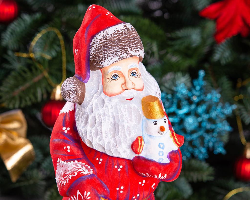 Old World Santa figurine 9.5 inch, carved wood, snowman figure, tabletop centerpiece decor