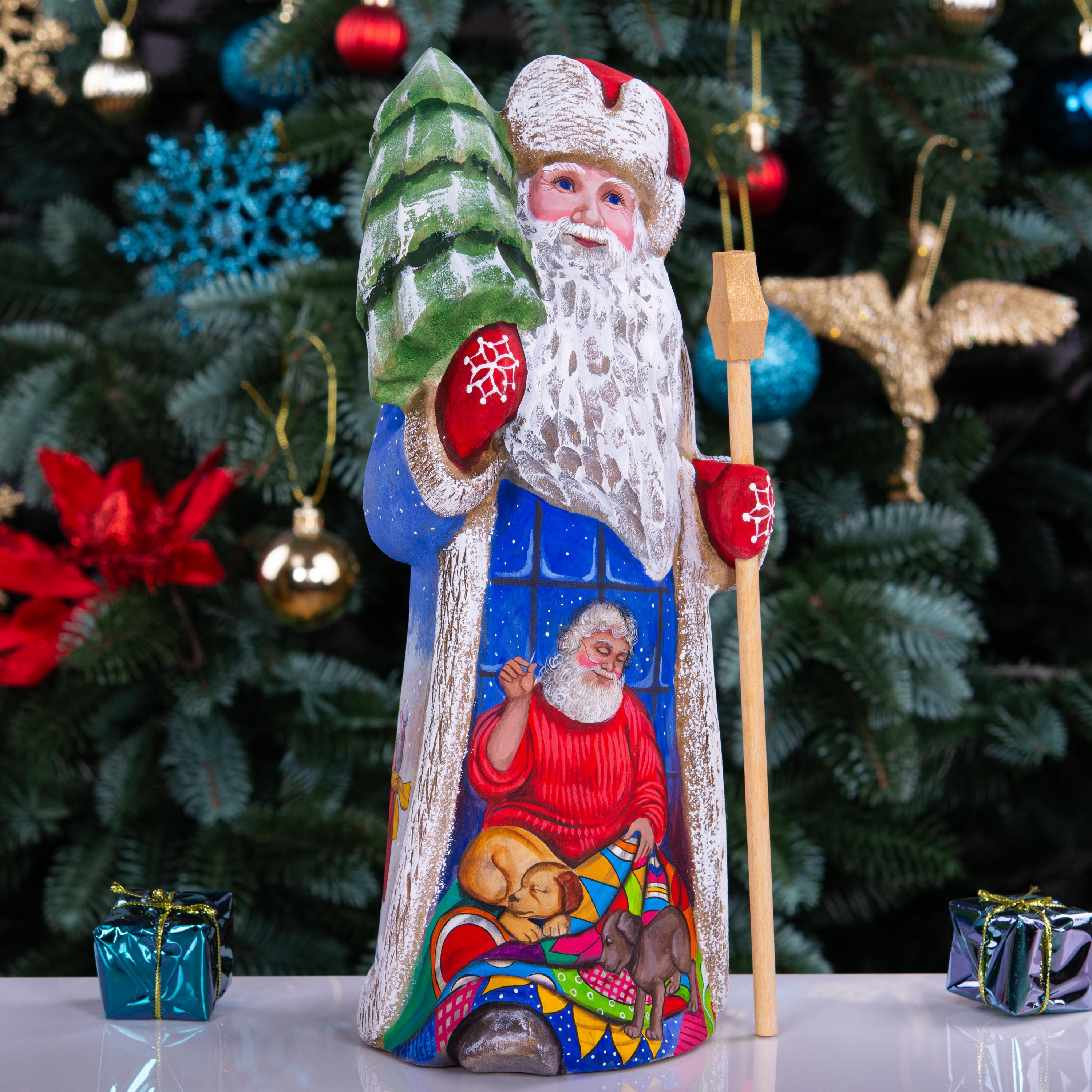 Hand-Carved Wooden Santa Claus Figurine: Christmas Holiday Decor
