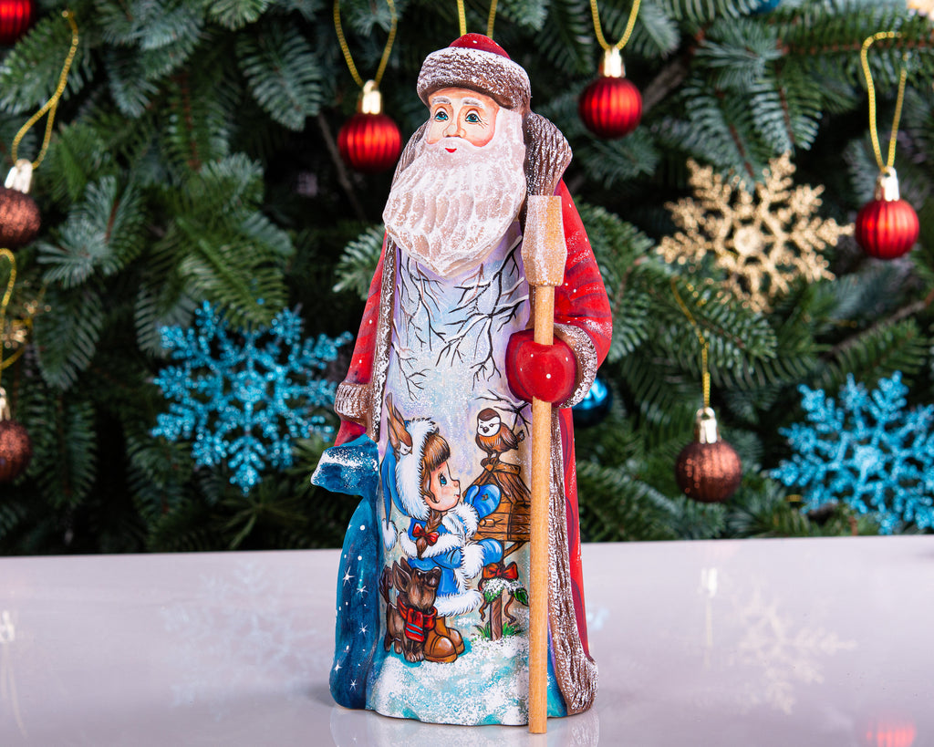 Hand carved wooden Santa figurine 9 inch, girl with animals, Christmas shelf decor