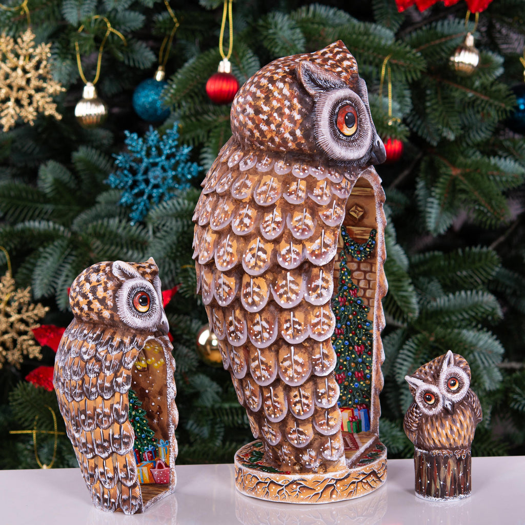 Hand Carved Christmas Owl Figurines: Wooden Nesting Set with Hand-Painted Fireplace Interiors