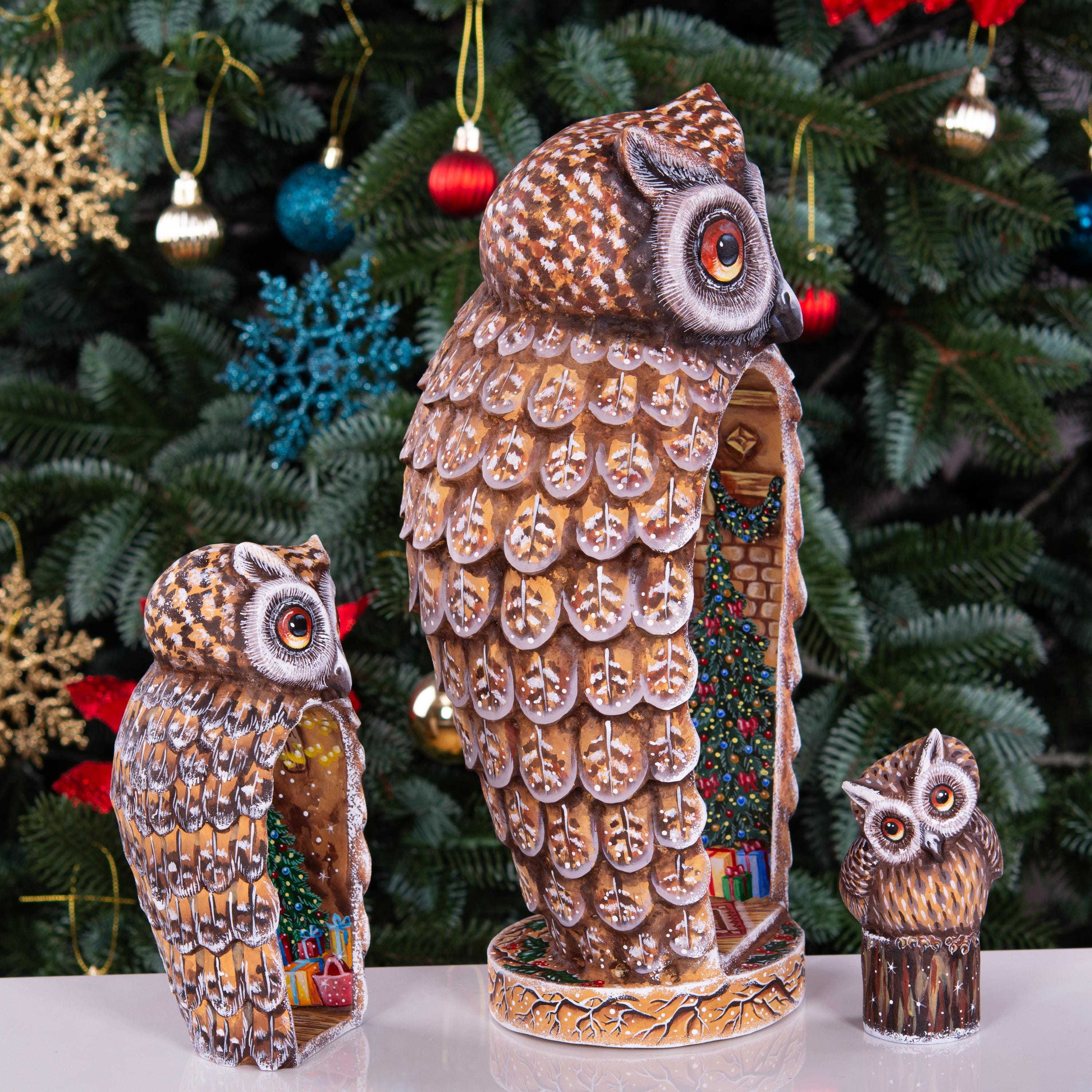 Hand Carved Christmas Owl Figurines: Wooden Nesting Set with Hand-Painted Fireplace Interiors