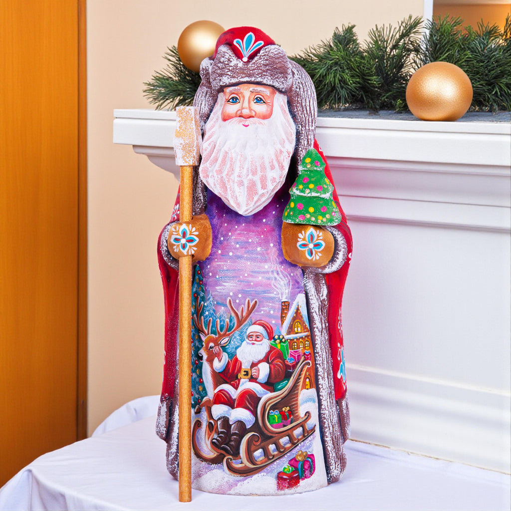 Kris Kringle wooden figurine 9 inch, Santa in sleigh scene