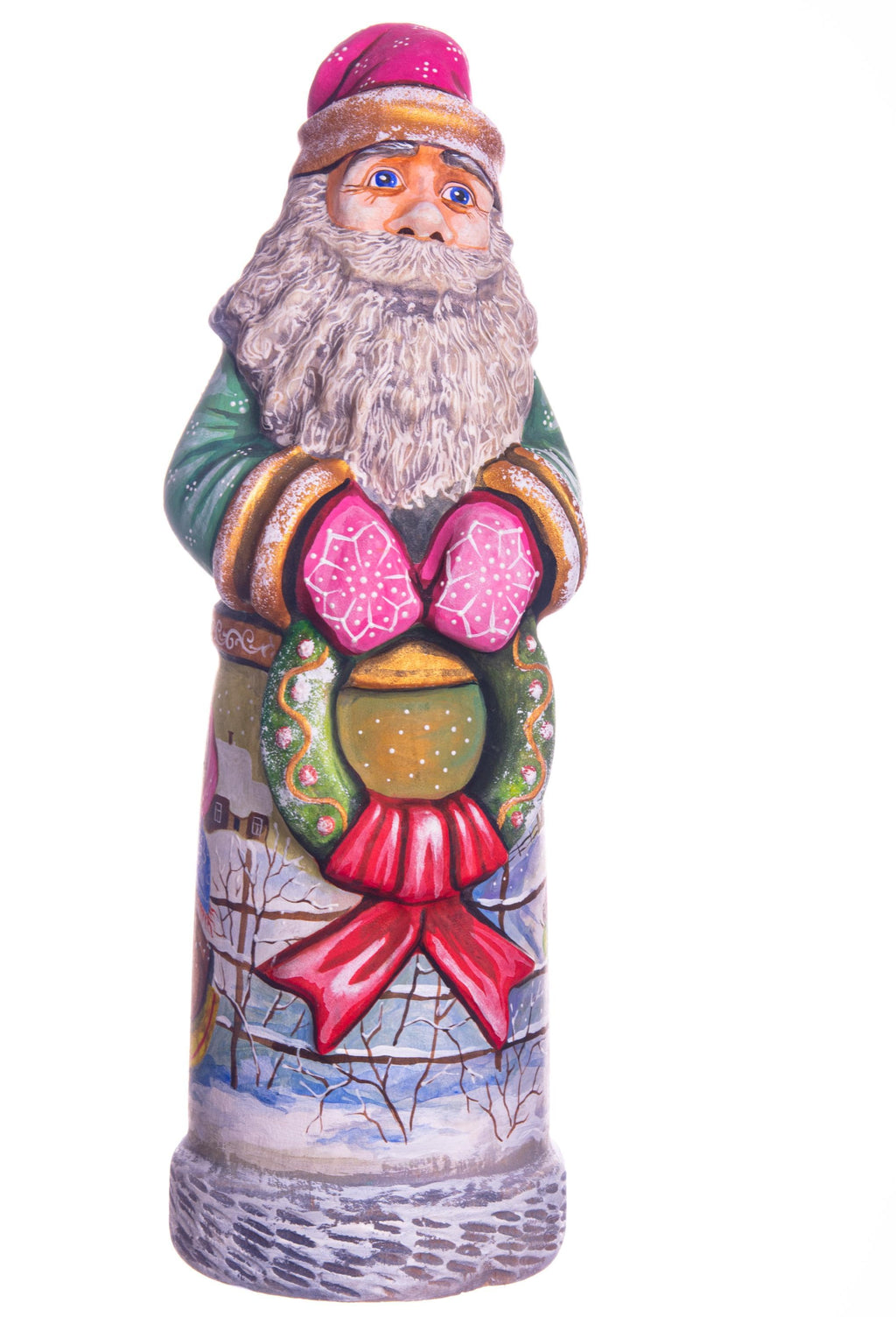 Hand carved green Santa wooden figurine 11 inch, children snowman scene