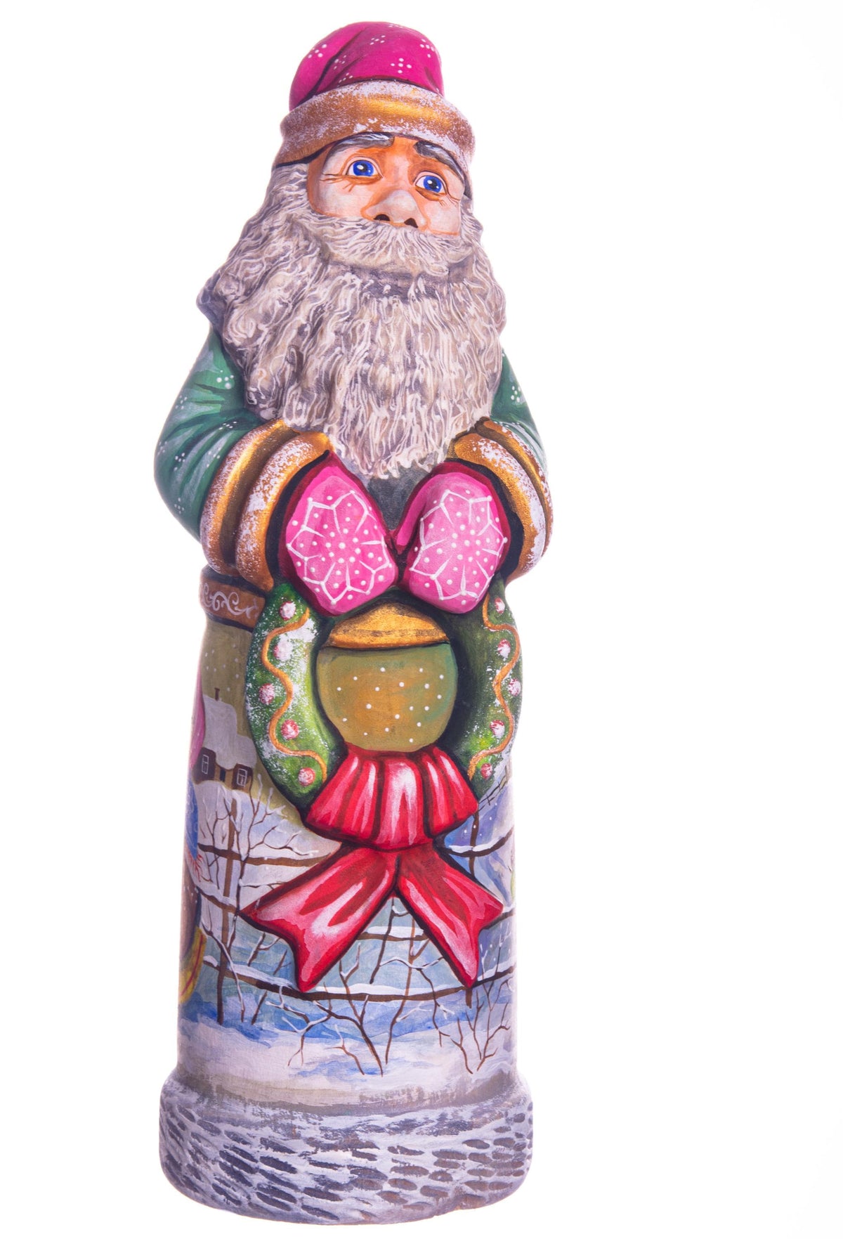 Hand carved green Santa wooden figurine 11 inch, children snowman scene