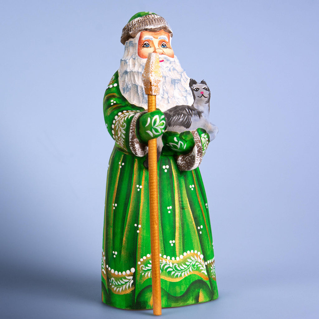 Santa figurine with cat and staff, hand painted carved wood, 9.1 inch