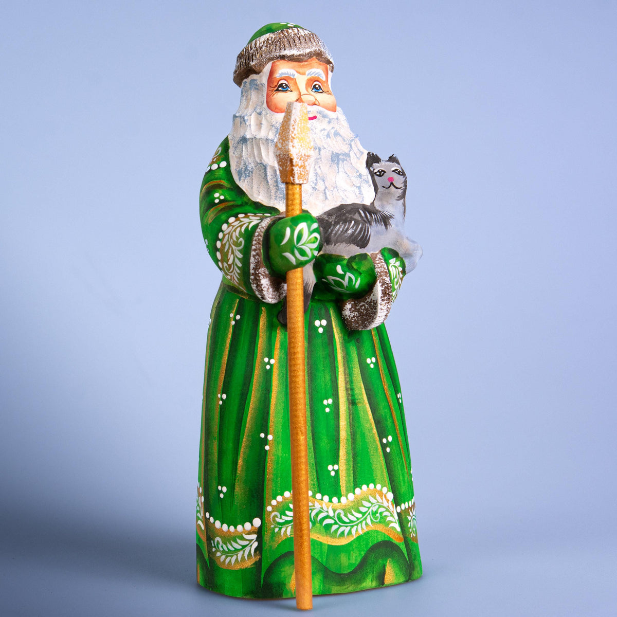 Santa figurine with cat and staff, hand painted carved wood, 9.1 inch