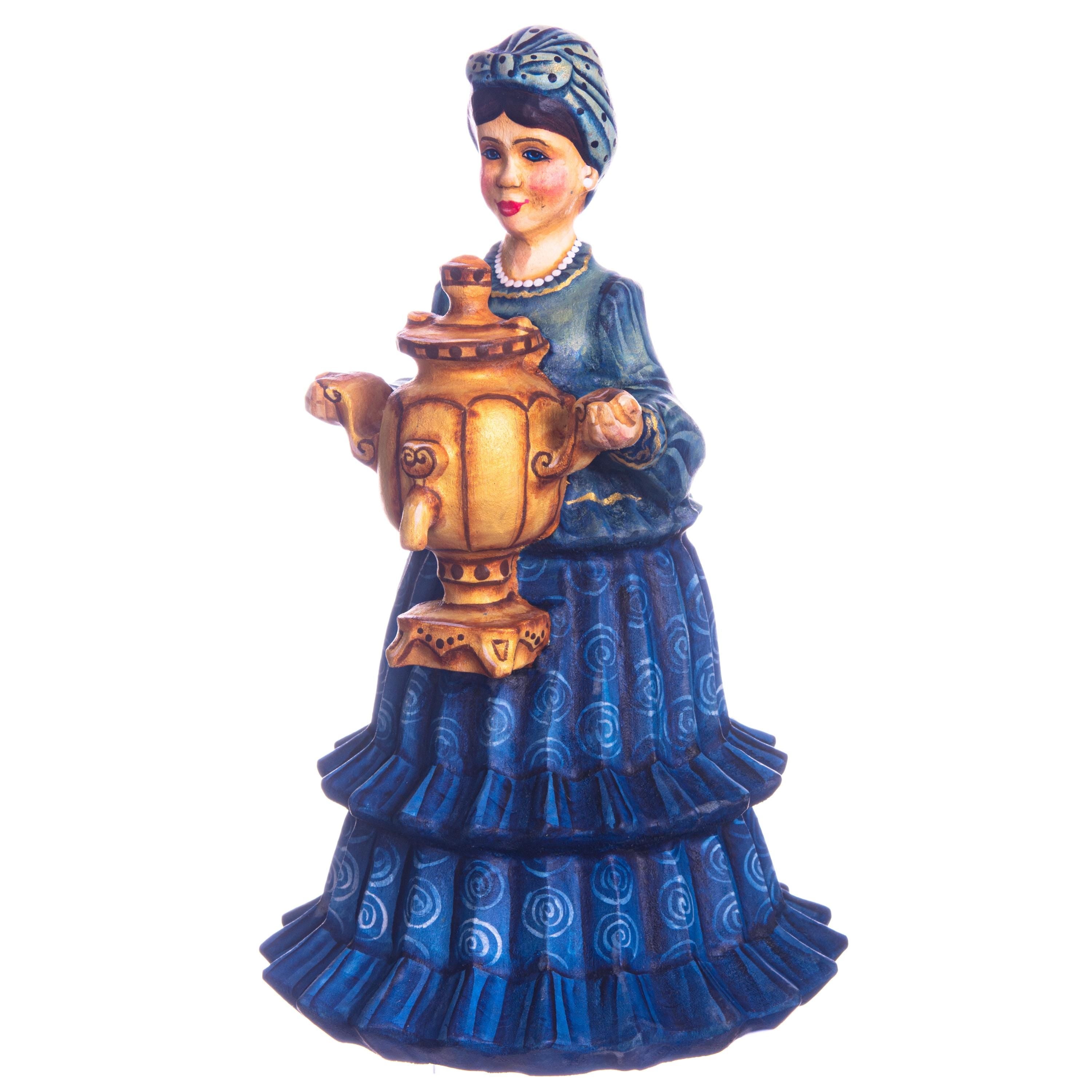 Hand carved hostess with samovar wooden figurine 7.5 inch, folk art decor
