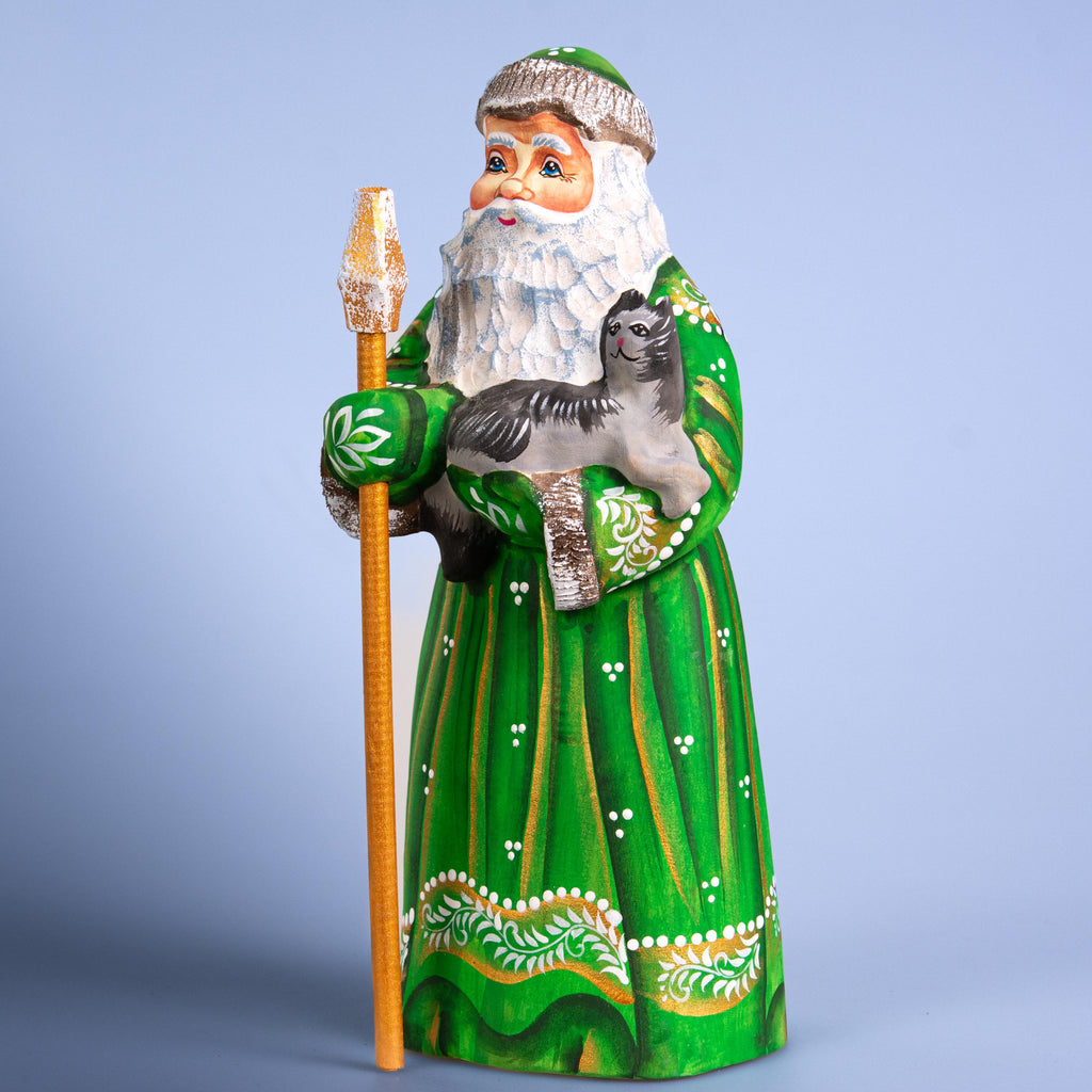 Santa figurine with cat and staff, hand painted carved wood, 9.1 inch
