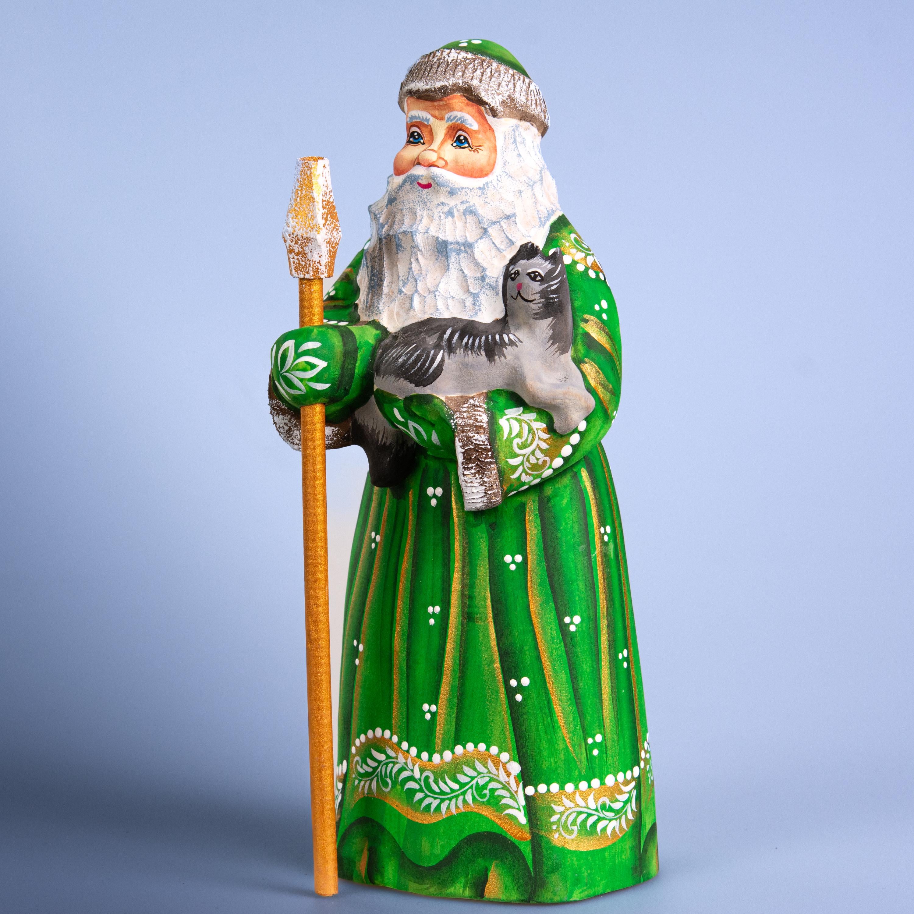 Santa figurine with cat and staff, hand painted carved wood, 9.1 inch