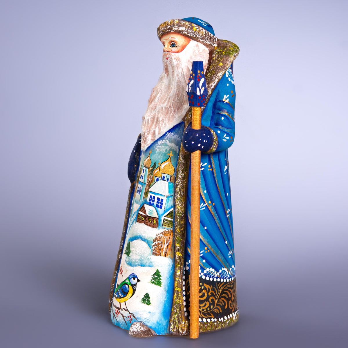 Hand Carved Wooden Santa Figurine 9 inch, Blue Coat, Winter Church