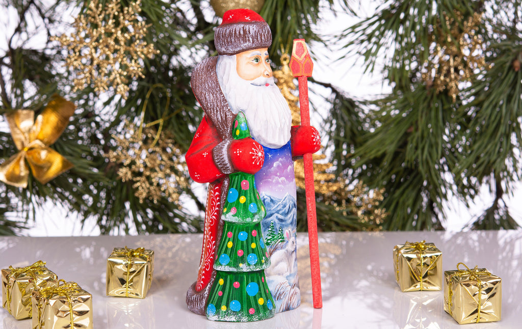 Woodland Santa wooden figurine 8 inch, snowy mountains and bunny, holiday shelf display