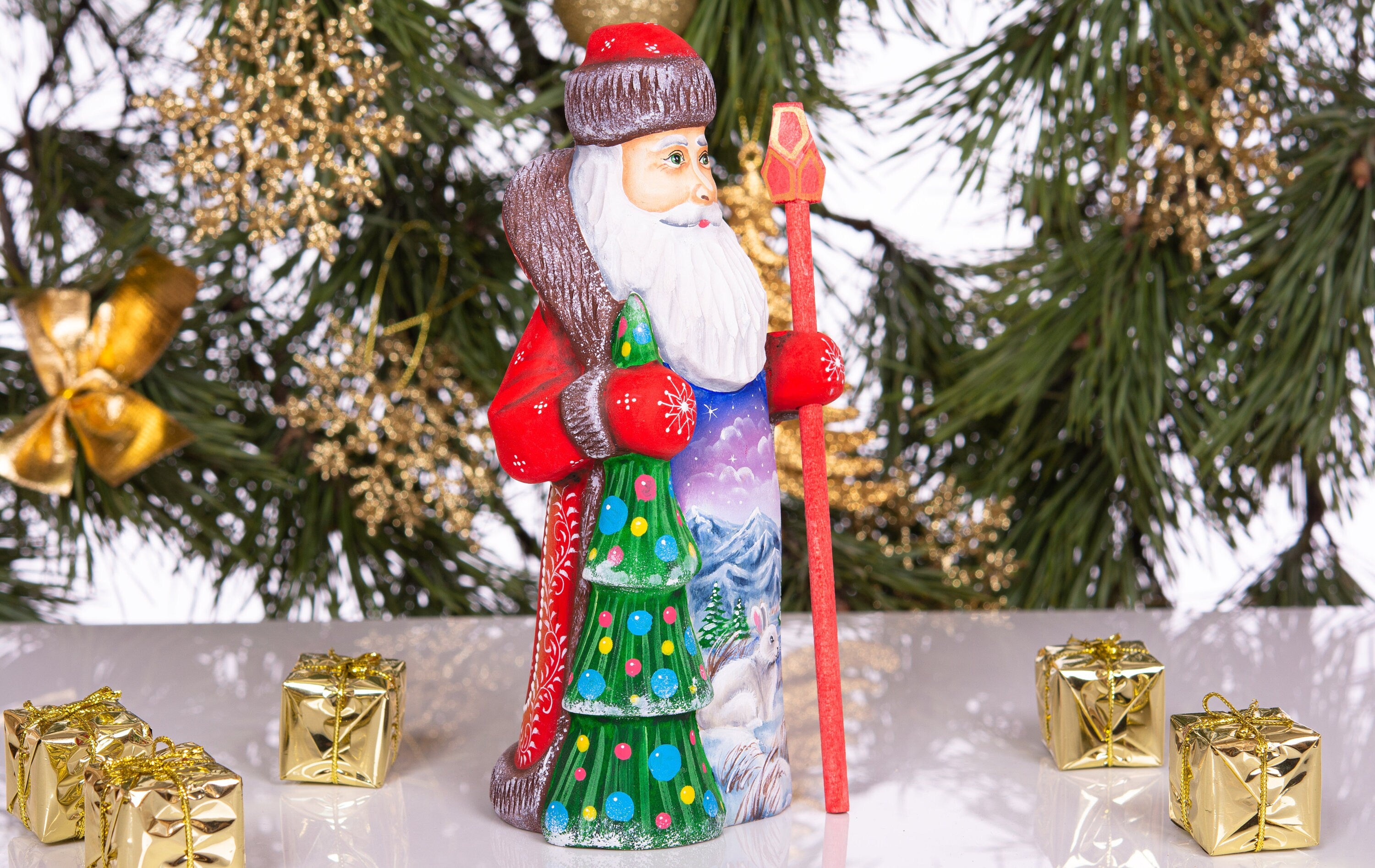 Woodland Santa wooden figurine 8 inch, snowy mountains and bunny, holiday shelf display