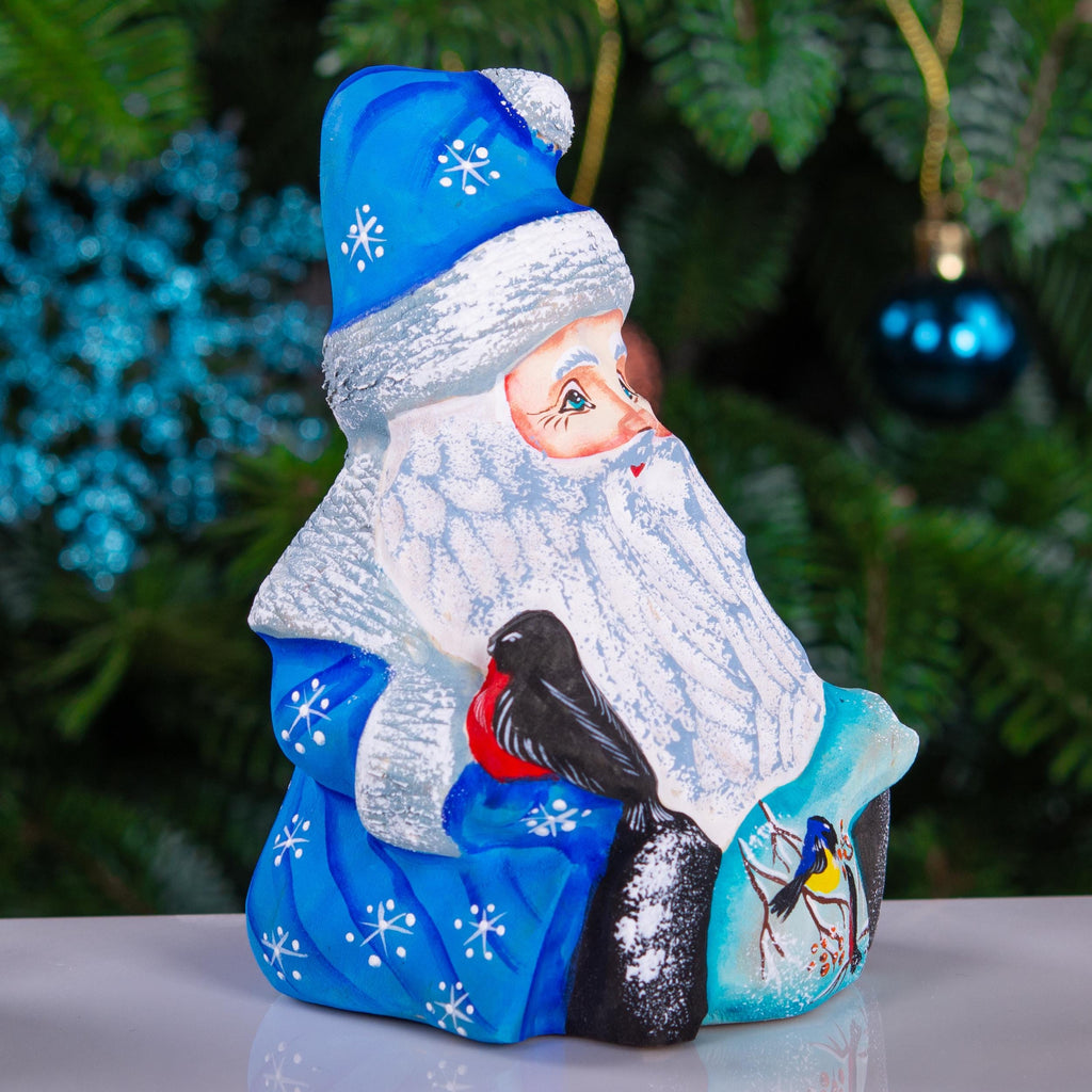 Hand carved blue Santa figurine 5 inch, winter birds scene decor