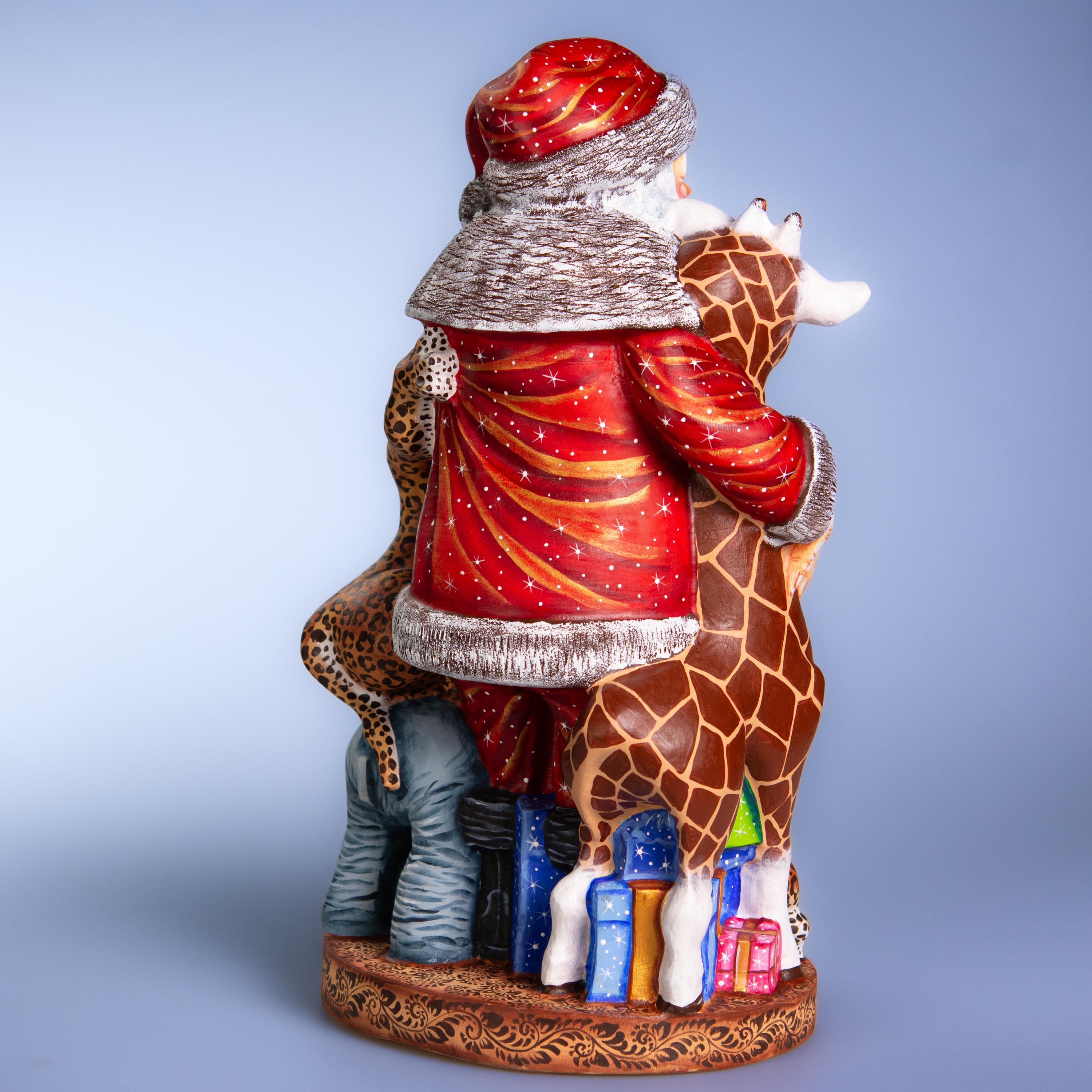 Collector Wooden Santa figure 14 inch, folk art safari animal scene
