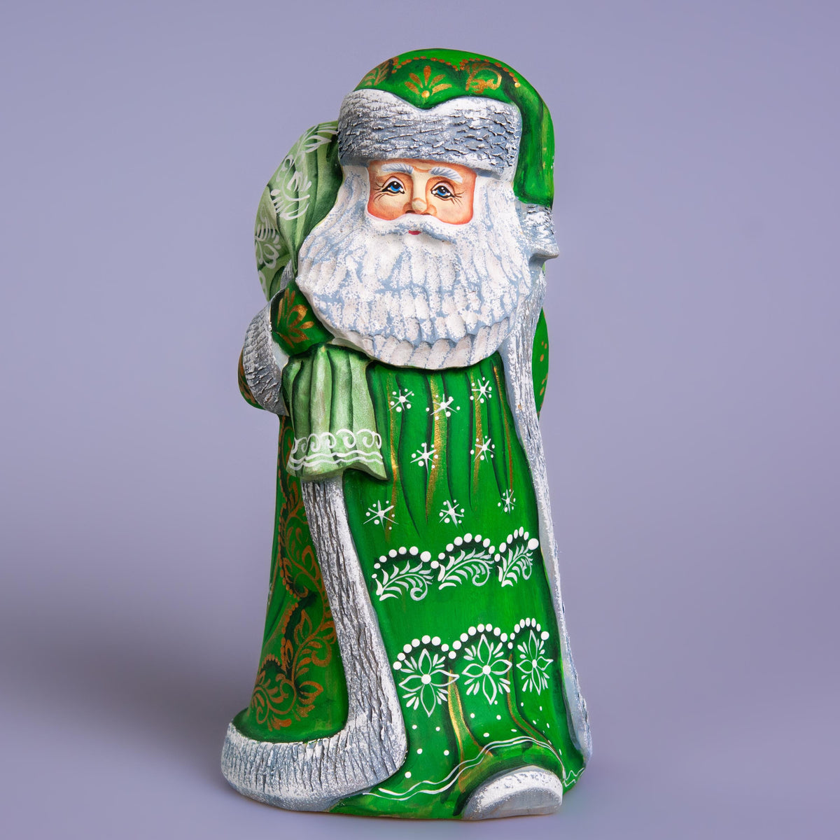 Hand carved wooden Santa figurine 9.1 inch, green coat, gift sack, holiday shelf decor