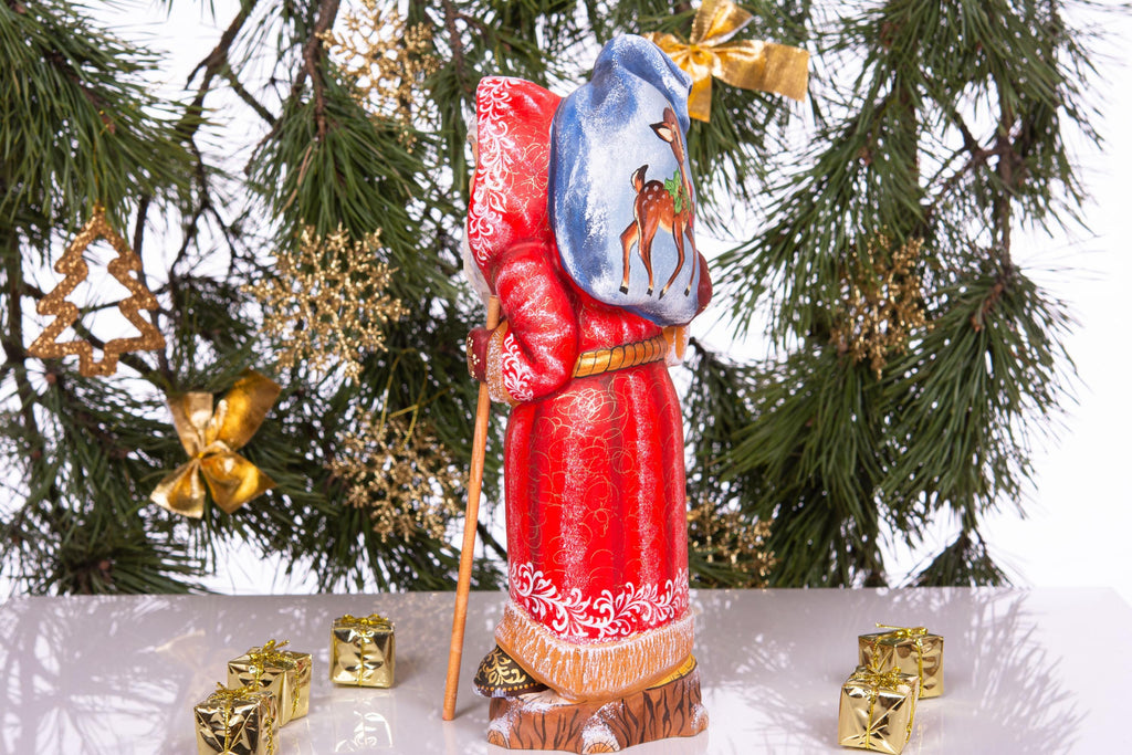 Retro Santa Claus wooden figurine 12 inch, fawn on toy sack, collectible Christmas decor
