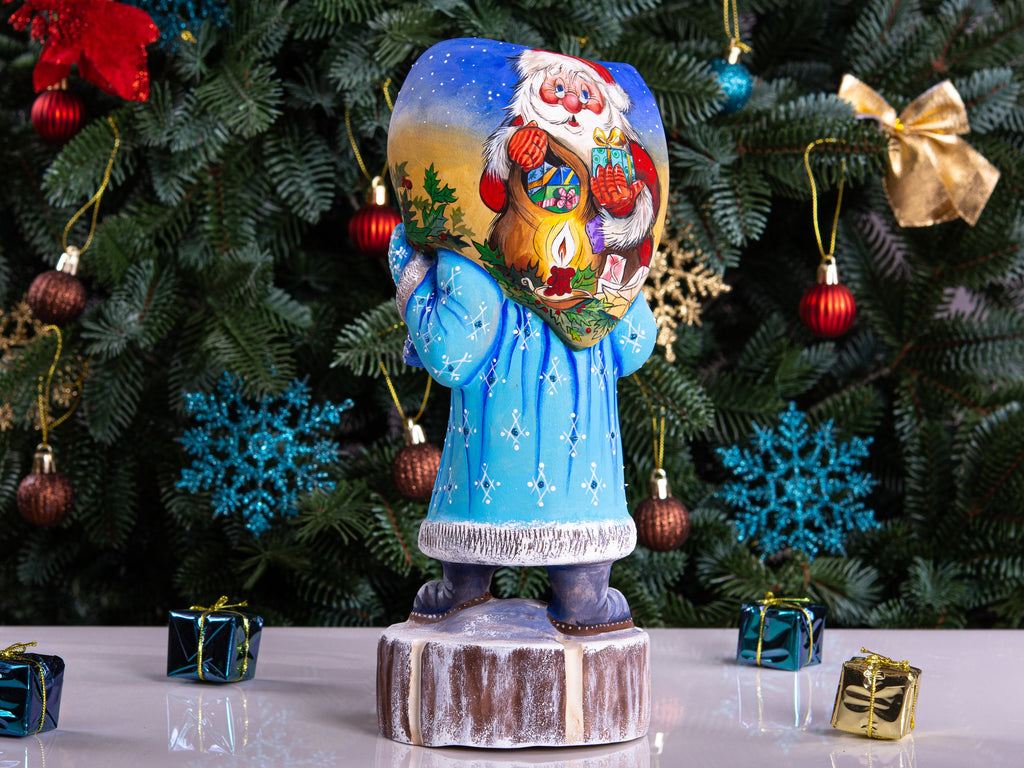 Hand carved Santa wooden statue 11 inch, folk art backpack scene