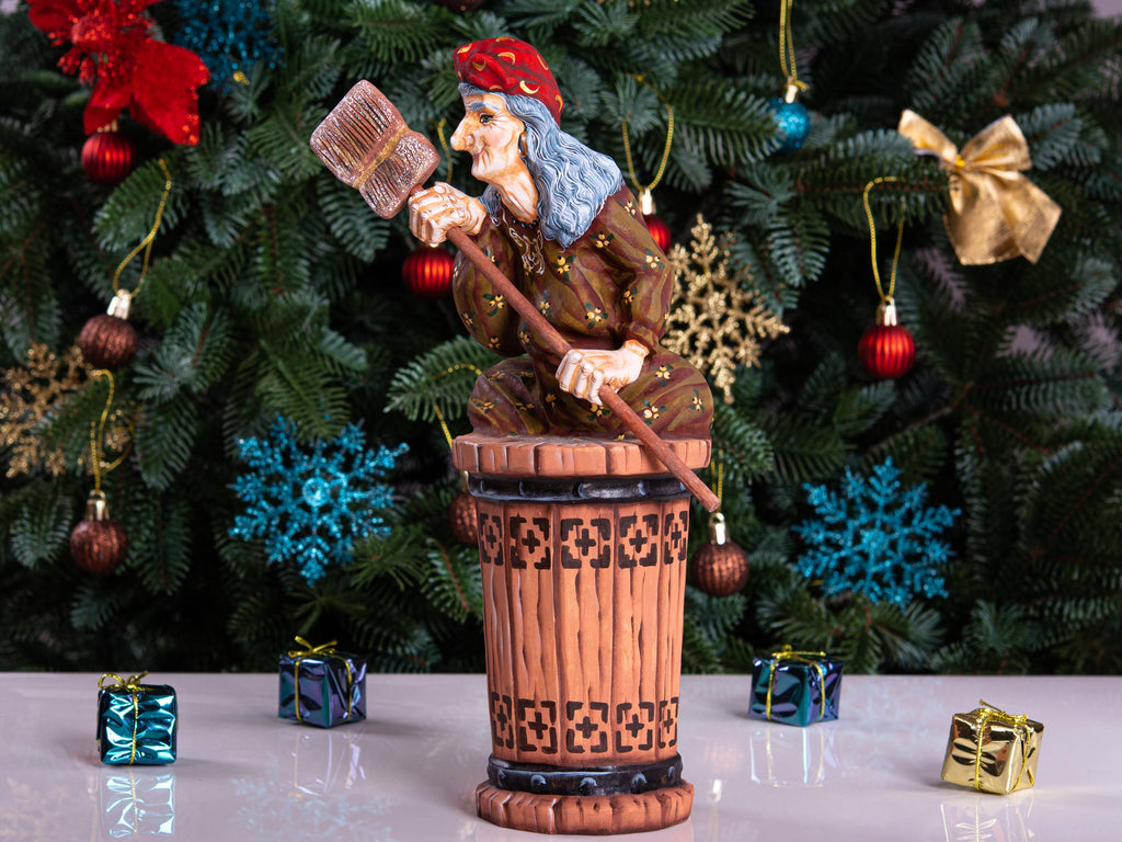 Hand carved Baba Yaga wood statue 11 inch, Slavic witch in mortar, shelf display