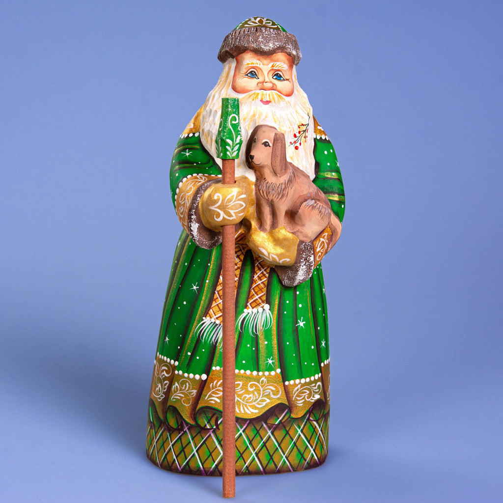 Santa with Dog Figurine 9", Green Coat, Hand Painted Wood