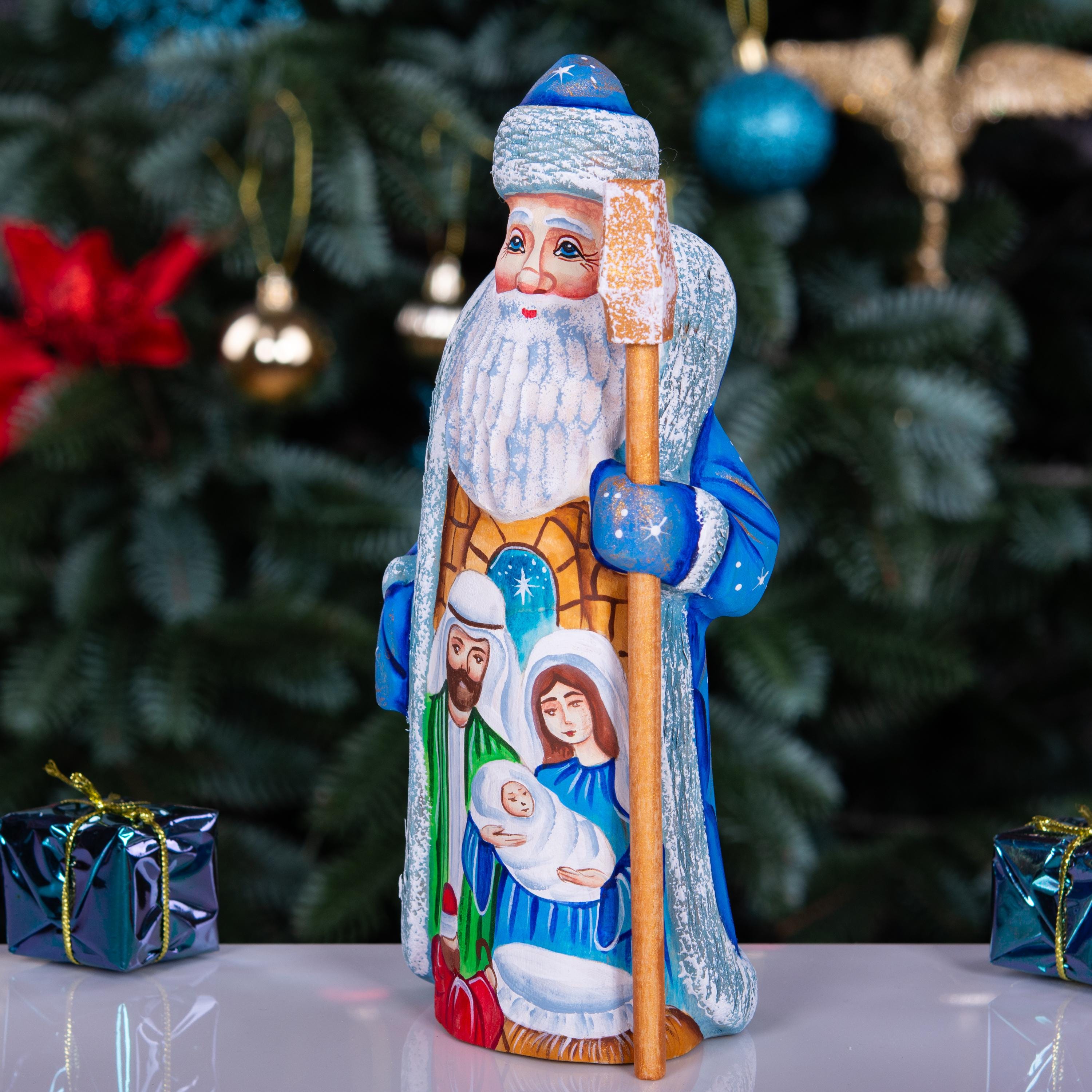 Blue Coat Santa Figurine 7", Nativity Scene, Old World Folk Art