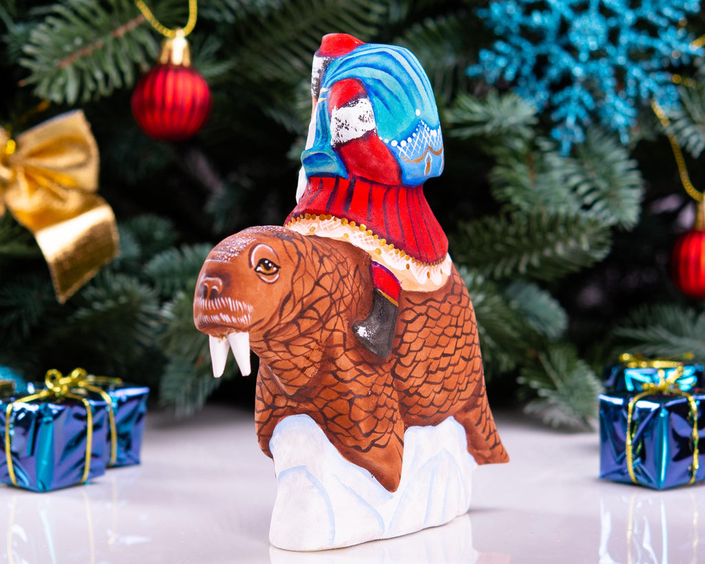 Old World Santa wooden figurine 5.9 inch, walrus arctic scene display