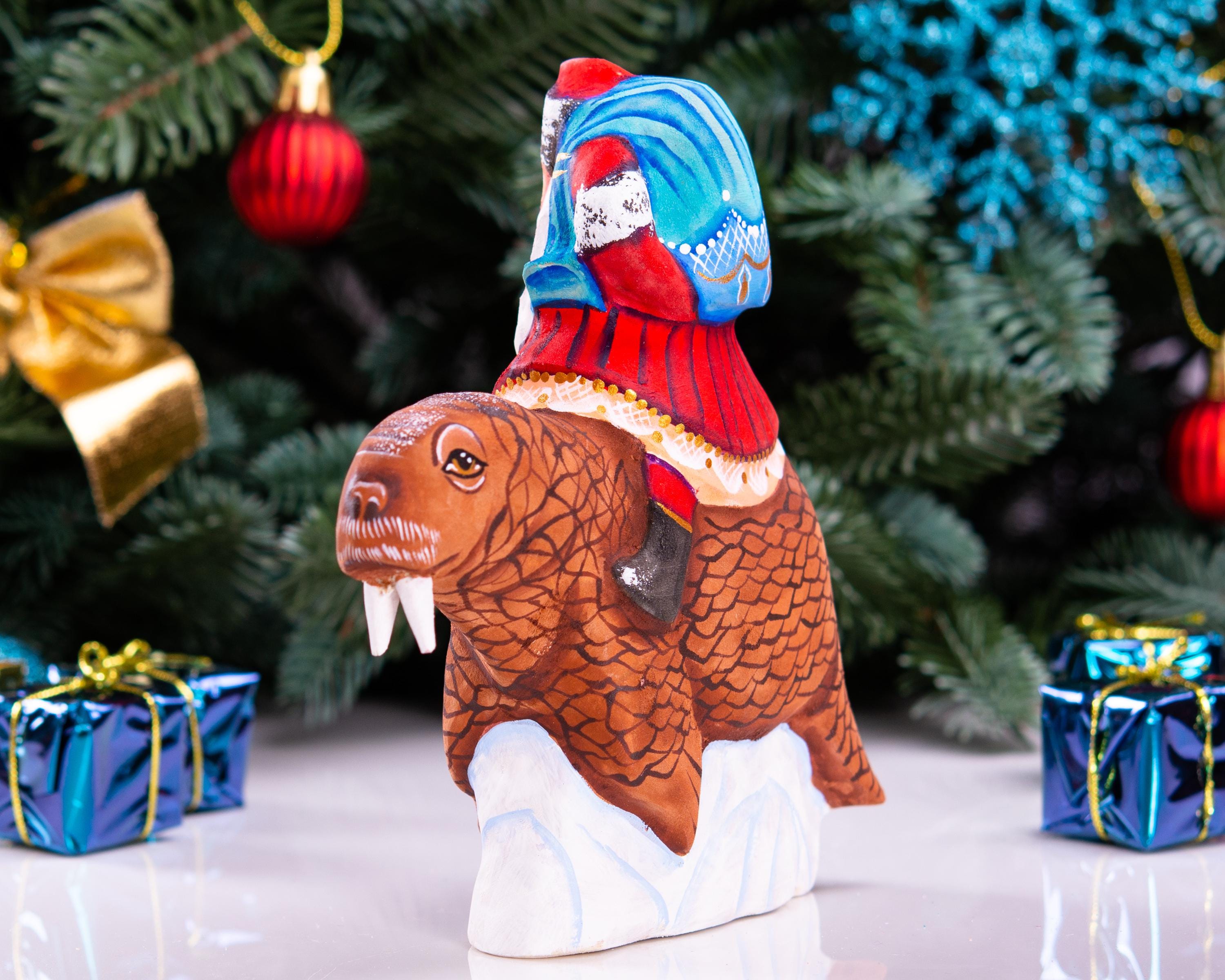 Old World Santa wooden figurine 5.9 inch, walrus arctic scene display