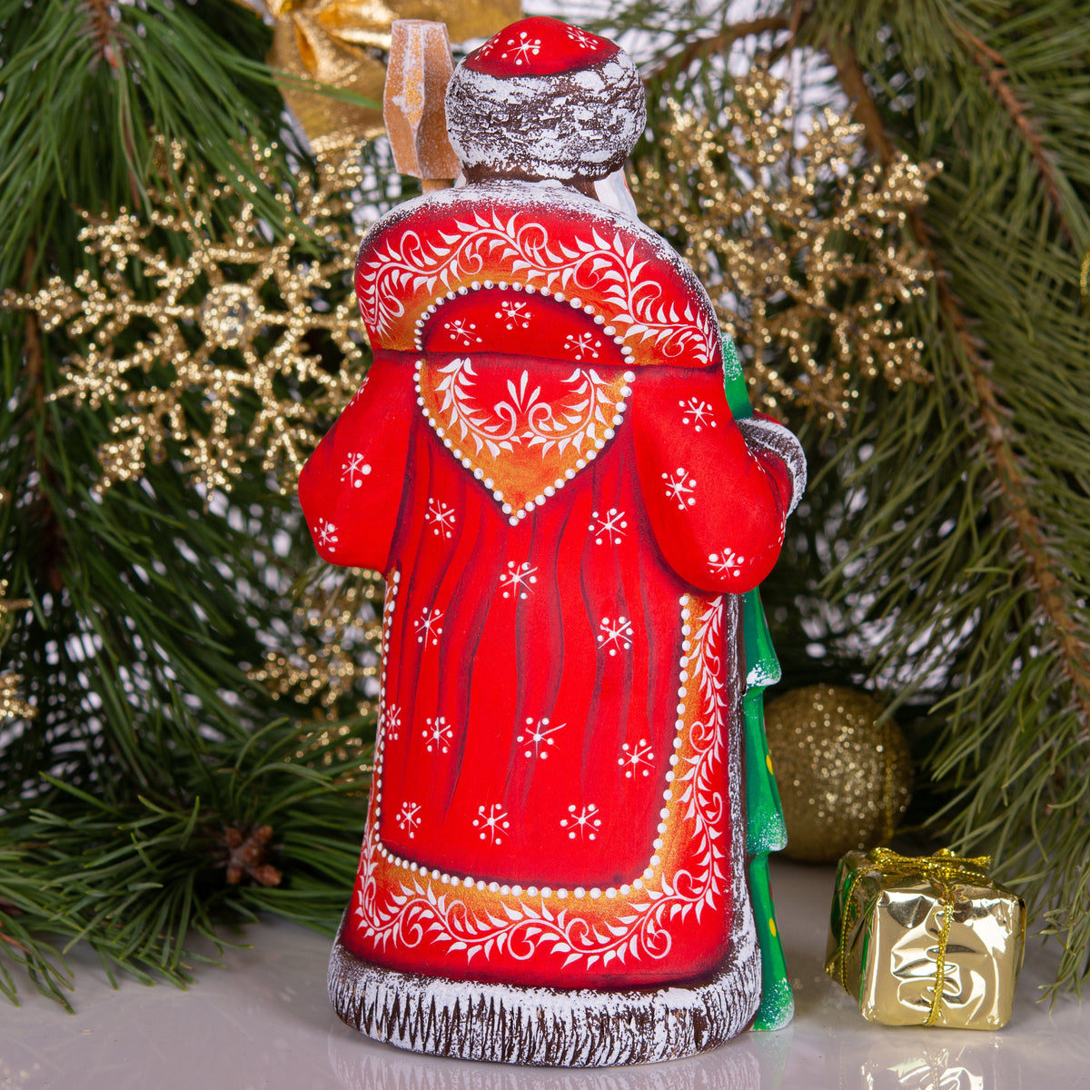 Hand carved Santa wooden figurine 8.3 inch, winter rabbit scene, Christmas mantel decor