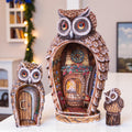 Hand Carved Christmas Owl Figurines: Wooden Nesting Set with Hand-Painted Fireplace Interiors