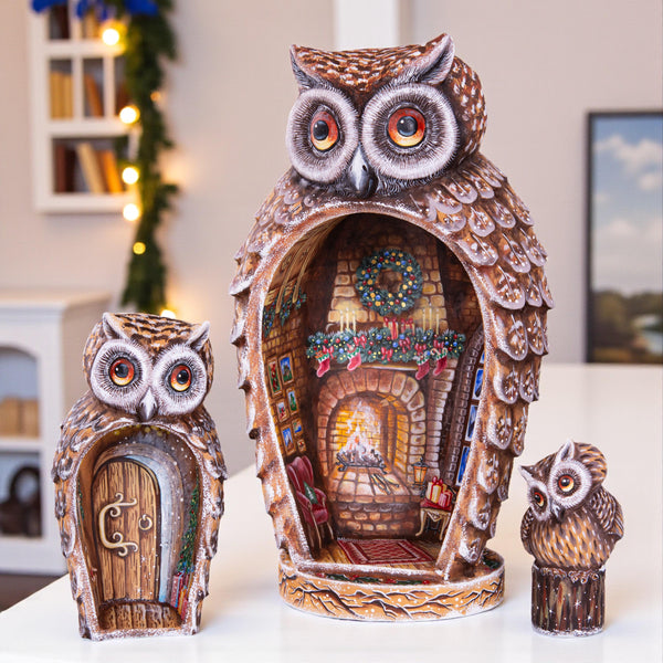 Hand Carved Christmas Owl Figurines: Wooden Nesting Set with Hand-Painted Fireplace Interiors