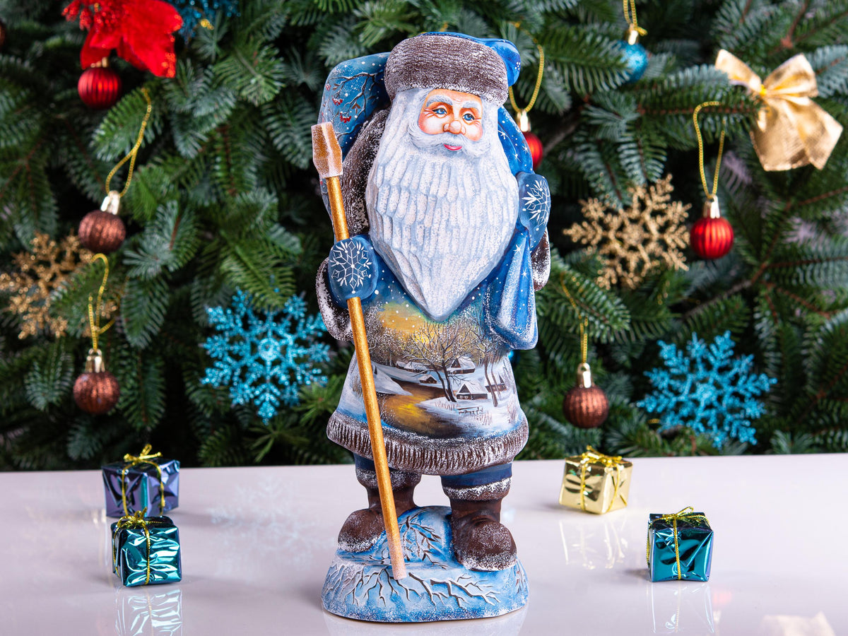 Hand carved Old-World Santa wooden figurine 11 inch, winter village landscape, mantel decor