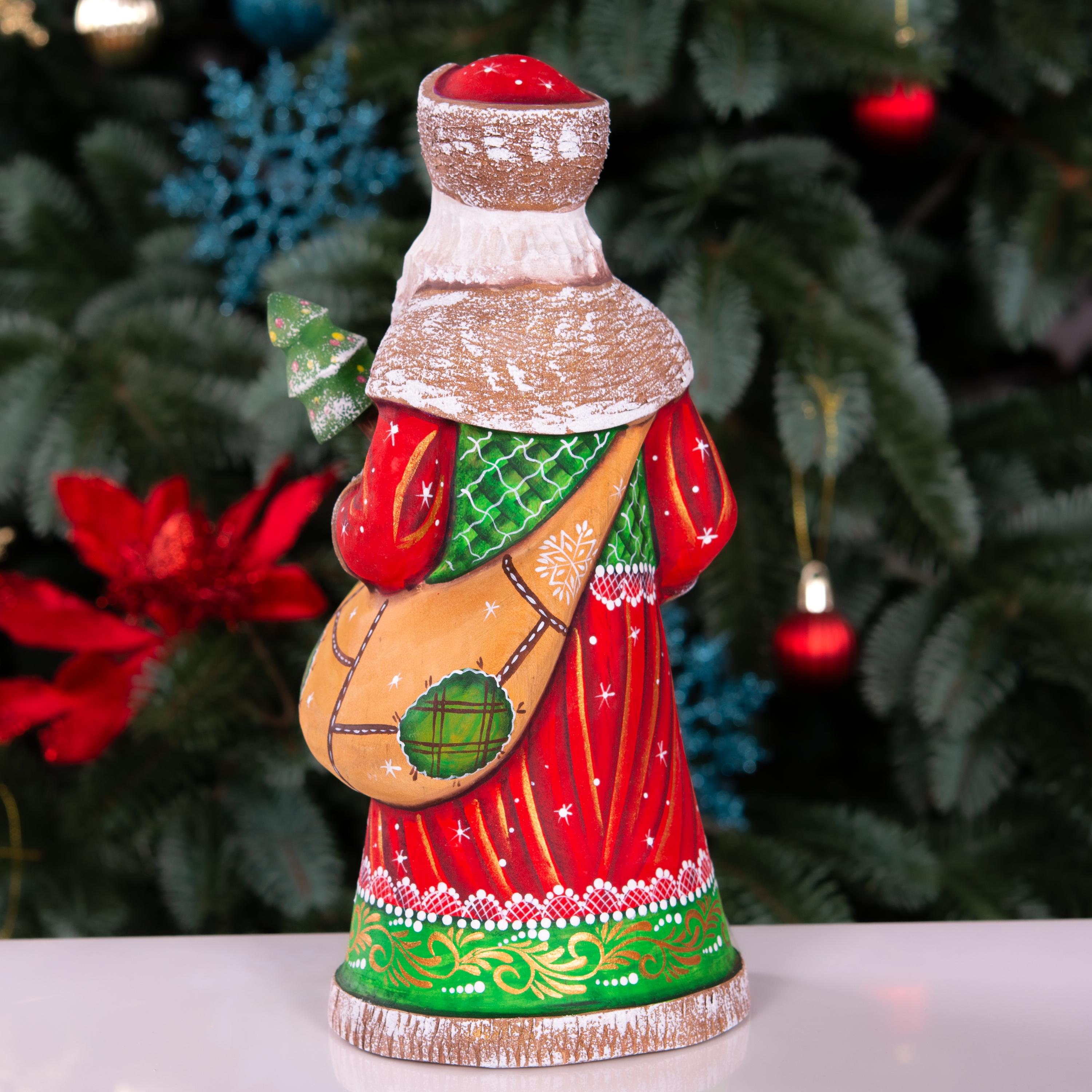 Hand-Carved Wooden Saint Nicholas Figurine 9", Small Tree, Christmas Shelf Decor
