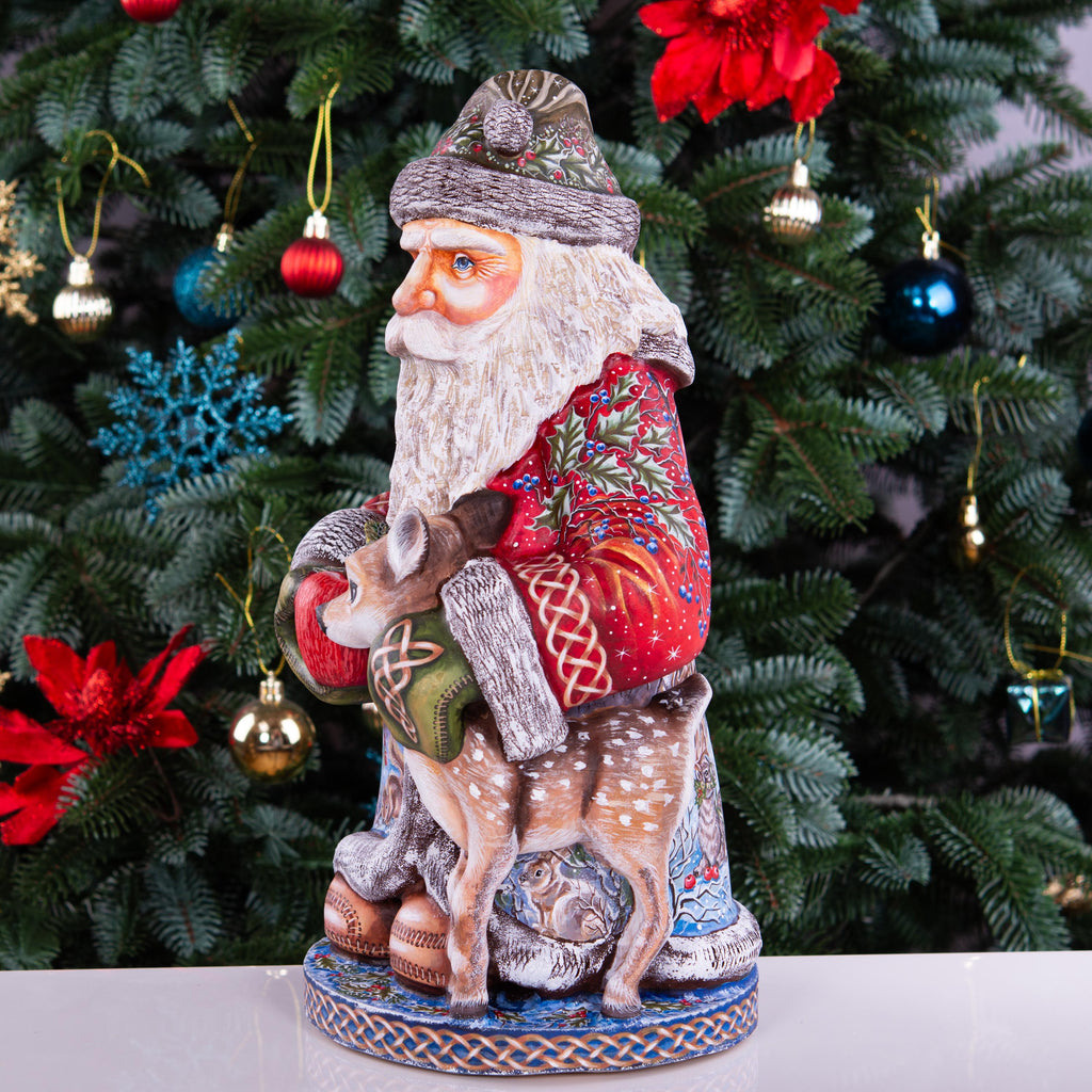 Hand carved Santa 14 inch solid wood statue, woodland animal scene