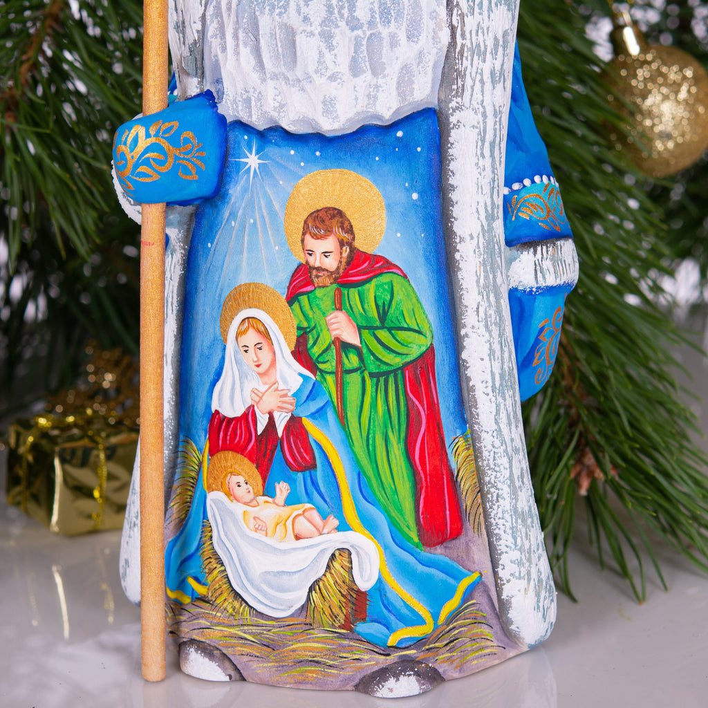Santa figurine with staff, carved wood, Holy Family art, 9.1 inch
