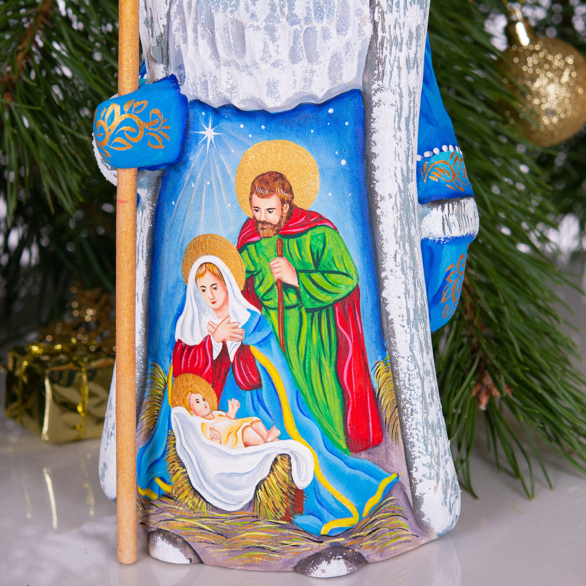 Santa figurine with staff, carved wood, Holy Family art, 9.1 inch