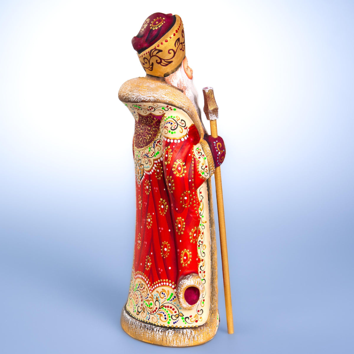 Hand carved Santa wooden figurine 12 inch, ornate folk pattern