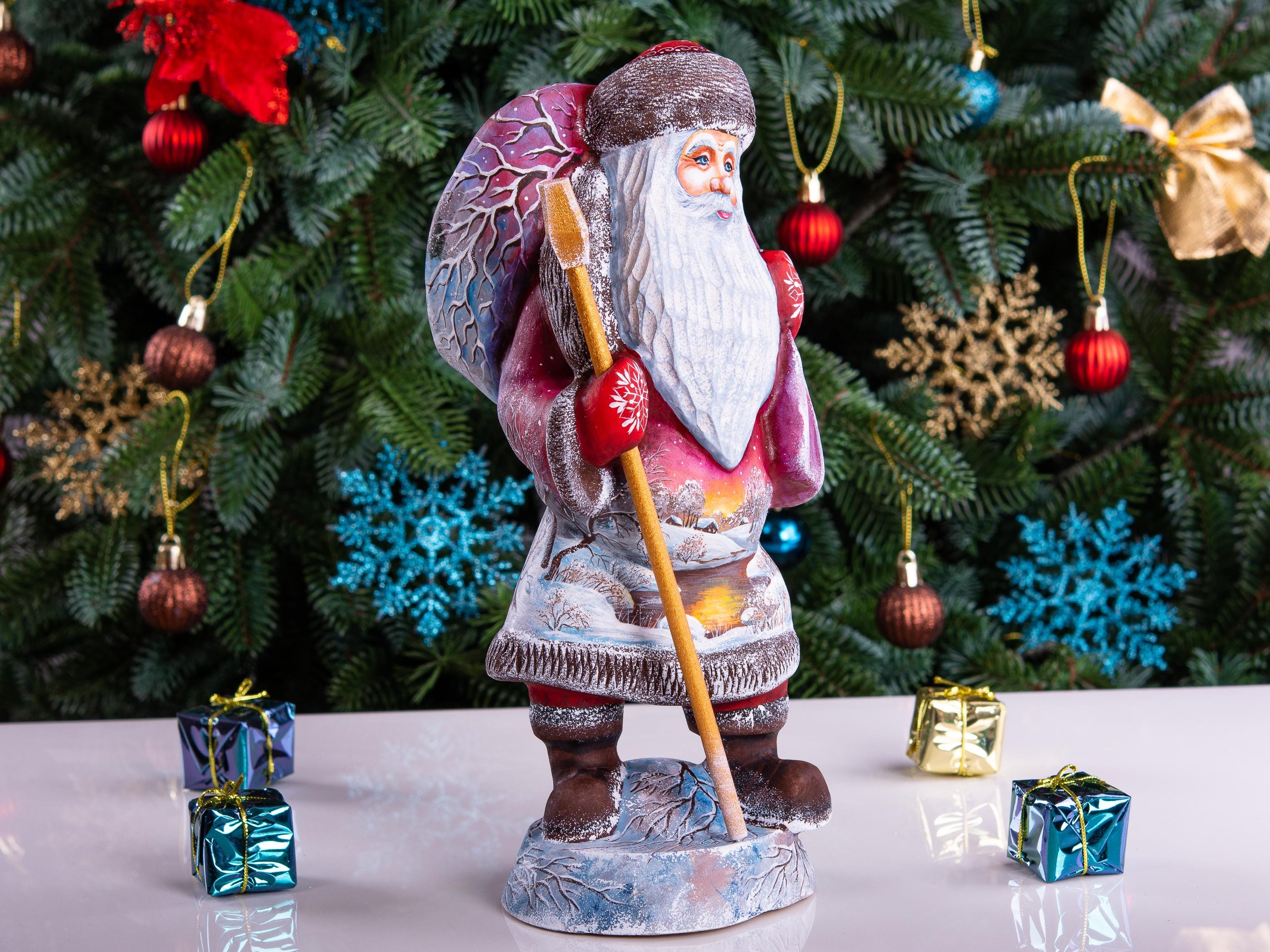 Hand carved Santa wooden figurine 11 inch, Father Christmas style, winter village, mantel decor