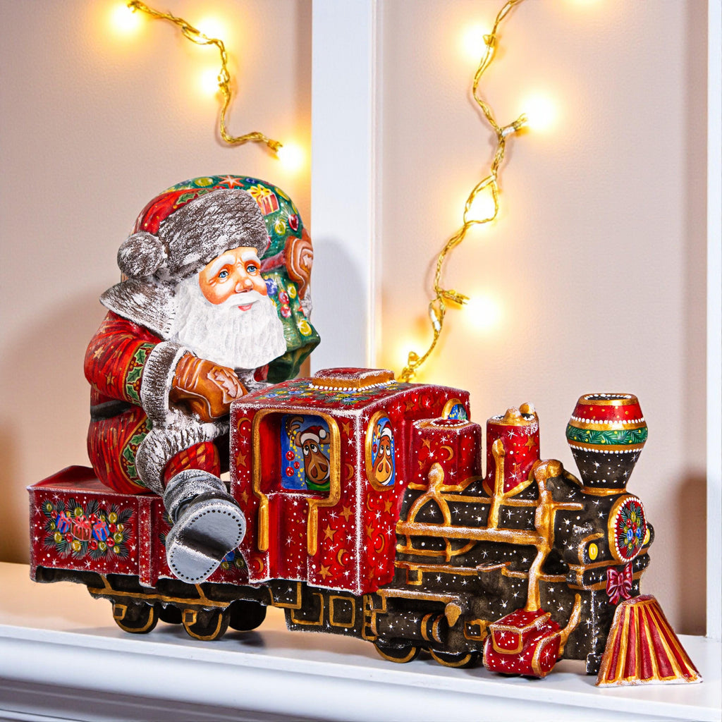 Hand-Carved Wooden Santa Claus Riding Christmas Train – Holiday Tabletop Decor – Collectible Xmas Gift