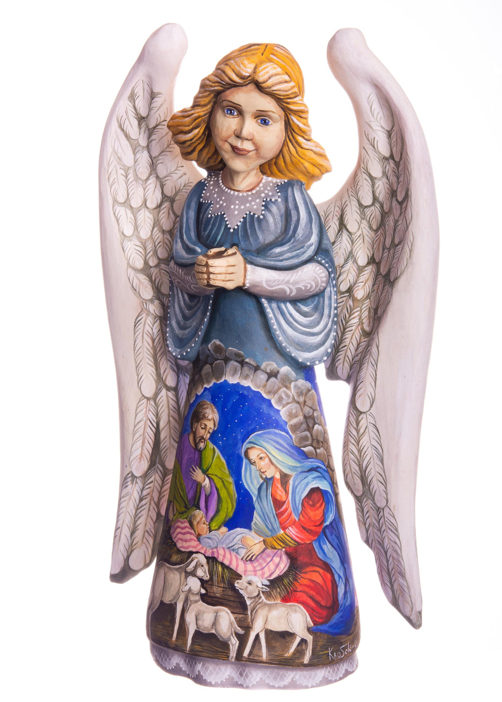 Hand carved angel figurine 12.9 inch, Holy Family Nativity, mantel display