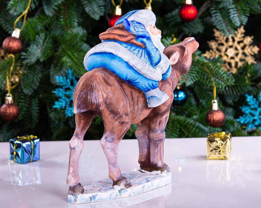 Old World Santa wooden figurine 8 inch, moose ride mantel display