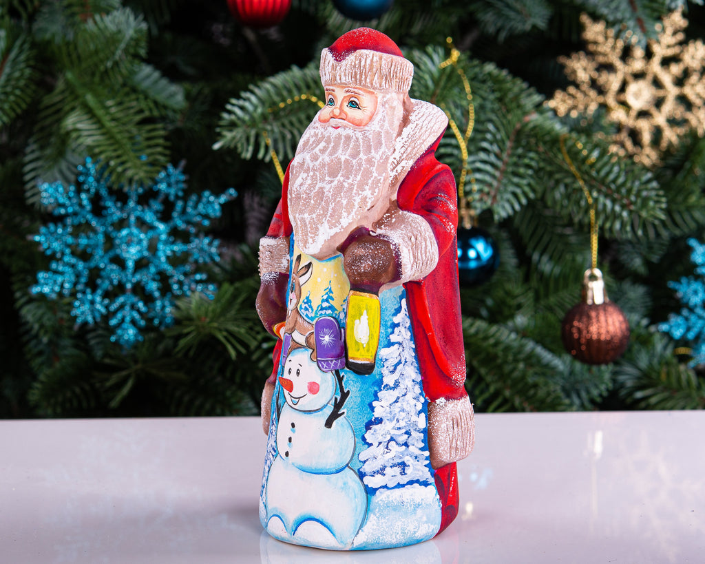 Hand carved wooden Santa figurine 7 inch, snowman and rabbit scene, mantel display
