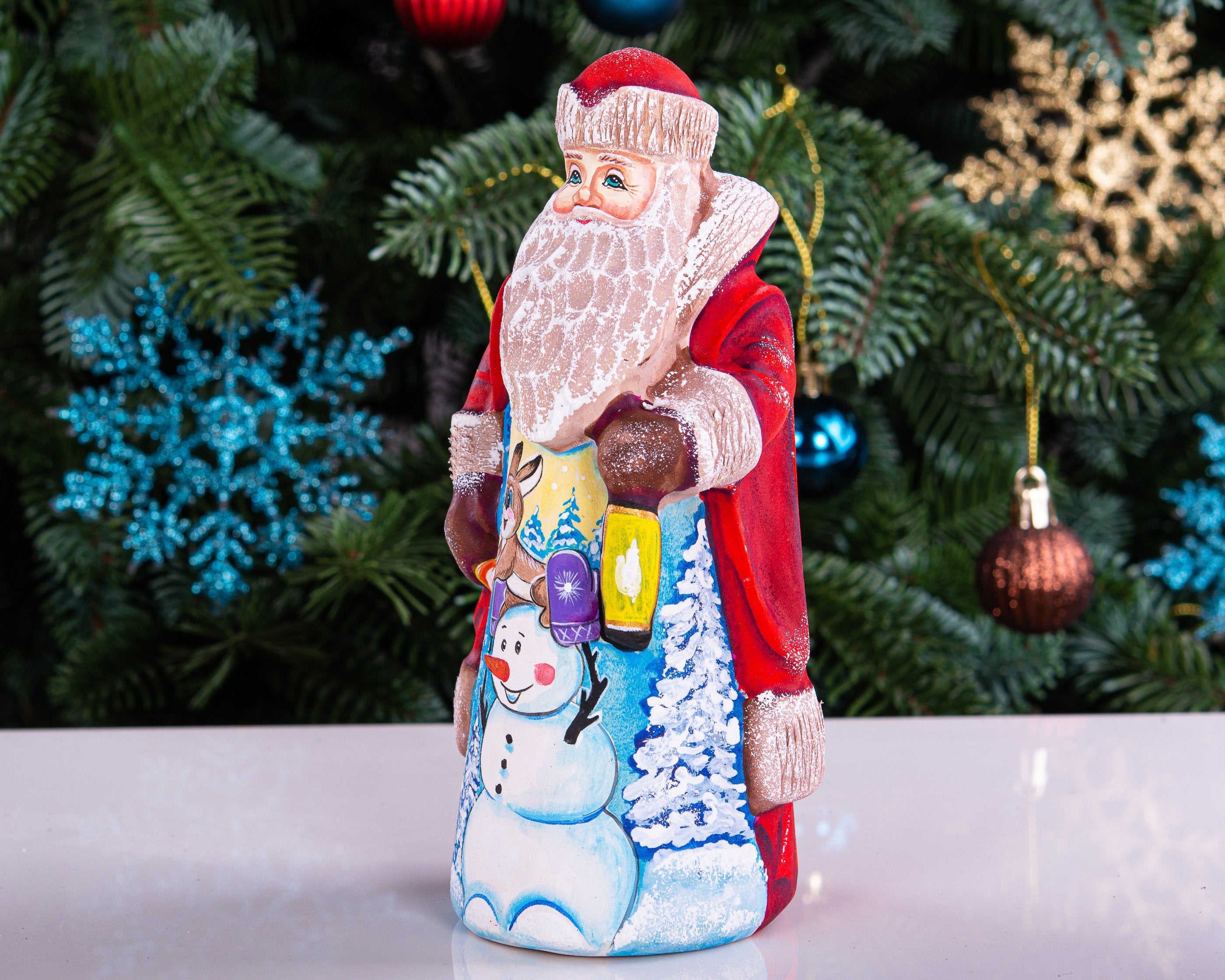 Hand carved wooden Santa figurine 7 inch, snowman and rabbit scene, mantel display