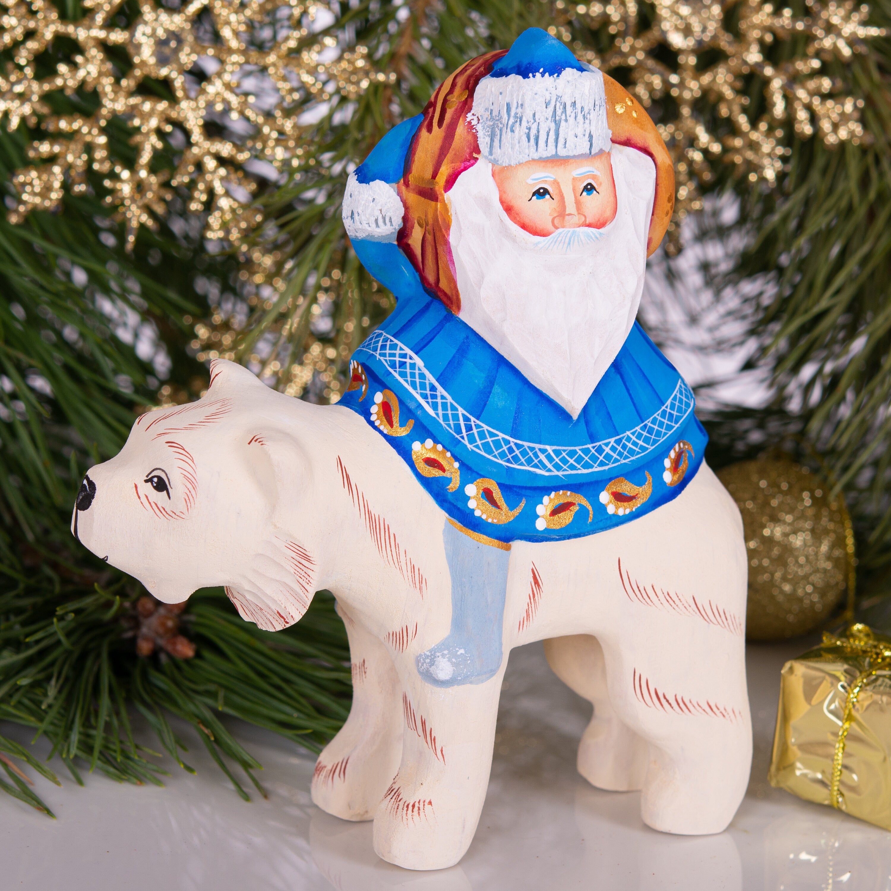 Old World Santa figurine riding polar bear, hand painted 6 inch