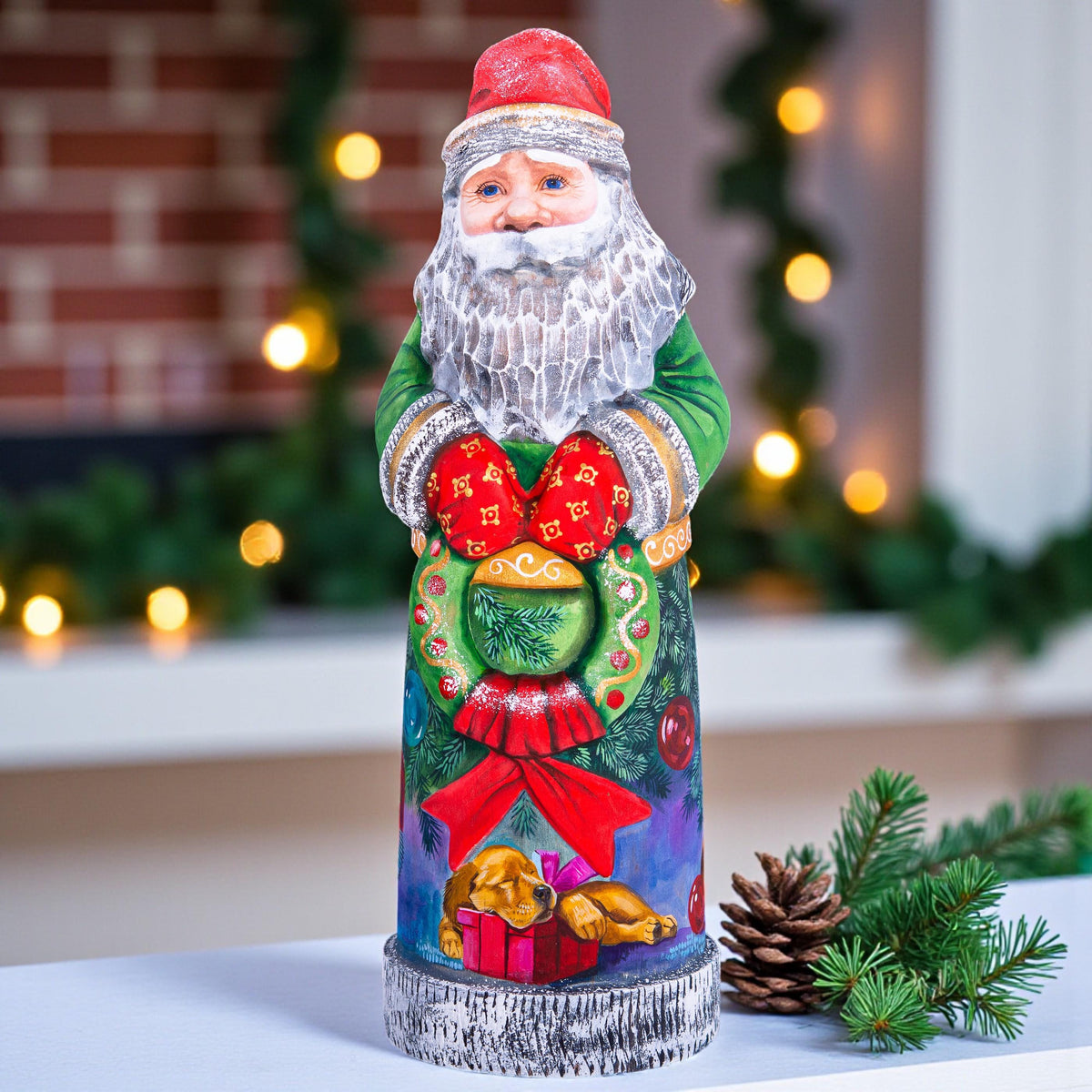 Collectible Santa figurine 11 inch with puppy and ornaments back painting