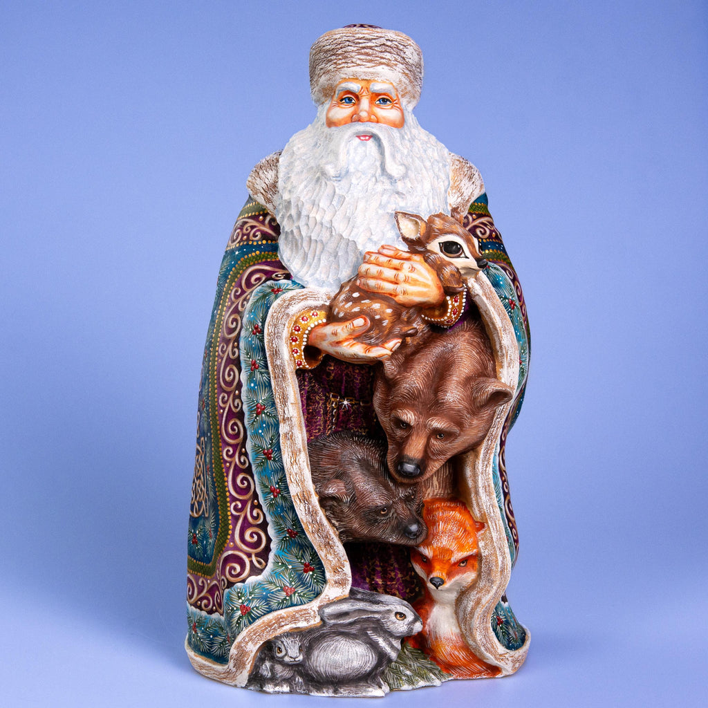 Hand Carved Wooden Santa Figurine 13.8 inch, Woodland Animals, Artist Painted Old World